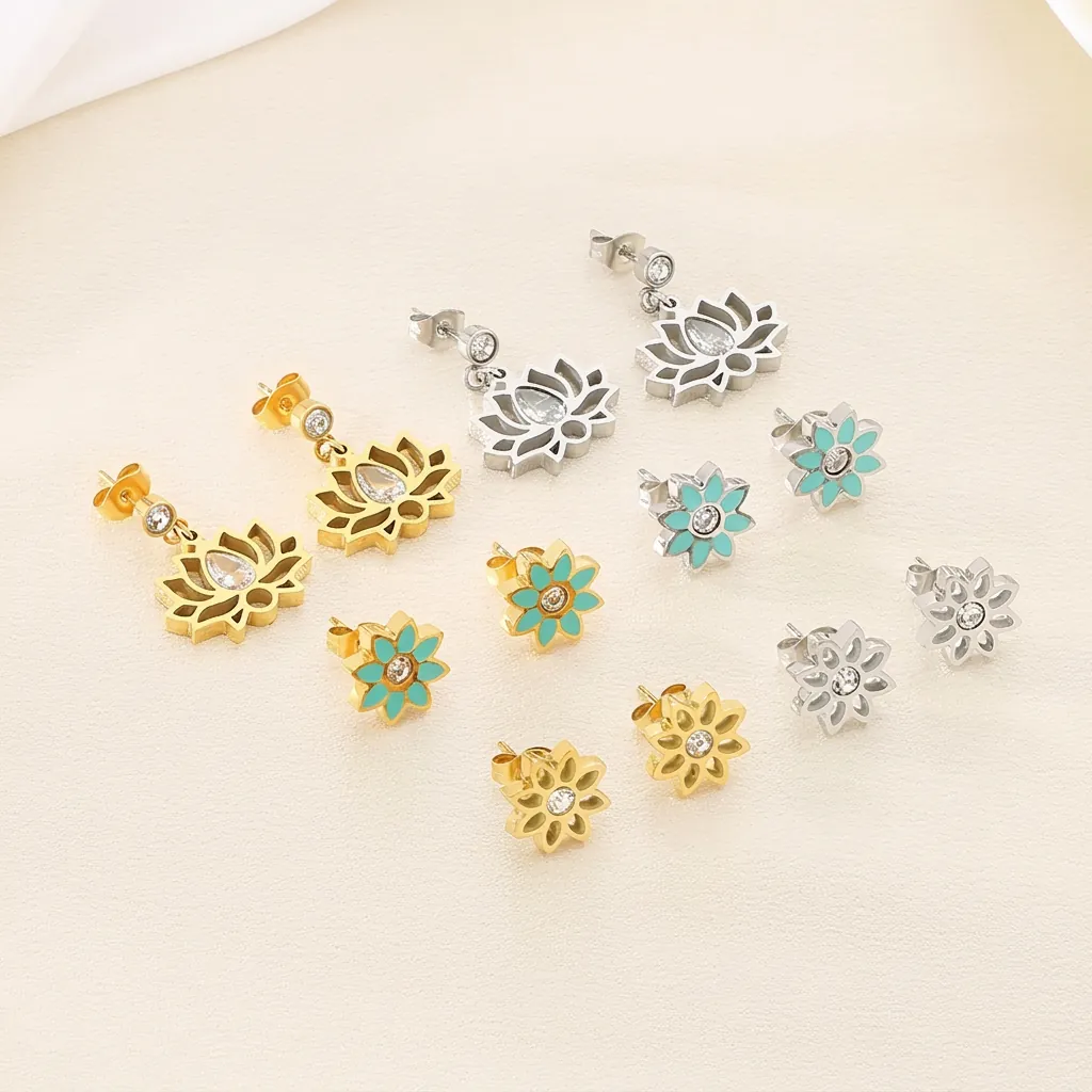 Boucles D'oreilles Pendantes Fleur De Lotus Acier Inoxydable Zircon Incrusté Pétales Creux Bijoux Floraux Pour Femmes