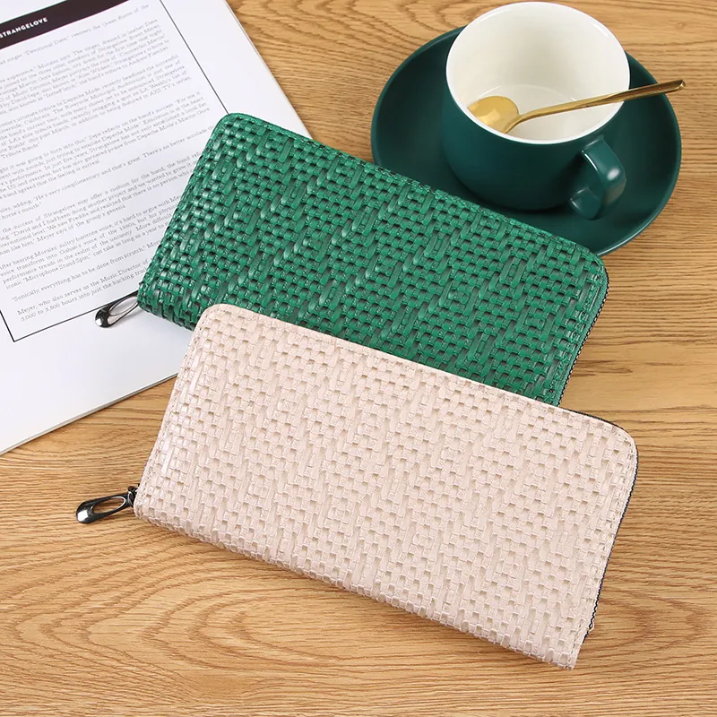 Women Long Wallet Woven Texture PU Leather Large Capacity Clutch Zip Around Card Holder Phone Pocket Fashion Retro