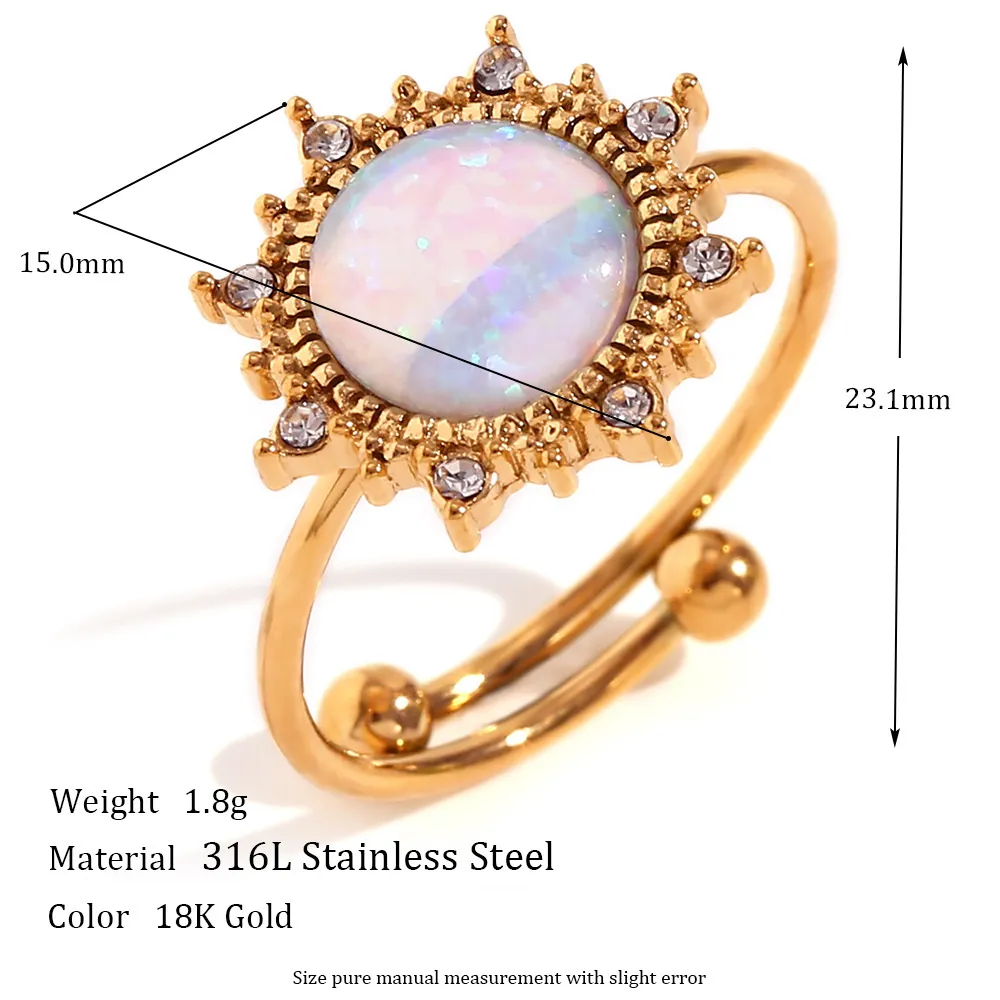 Stainless Steel Adjustable Rings For Women Gold Plated Synthetic Opal Heart Sun Waterdrop Open Ring Rhinestone Jewelry