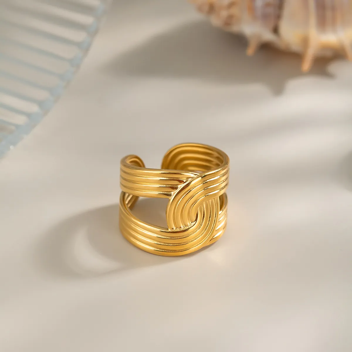 Minimalist Multi Layer Wavy Open Adjustable Ring Gold Plated Stainless Steel Waterproof Geometric Jewelry For Women
