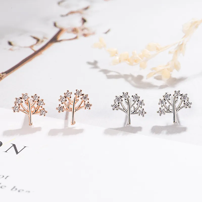 Tree Of Life Stud Earrings Copper Silver Rose Gold Plated Sparkling Cubic Zirconia Cute Dainty Jewelry For Women