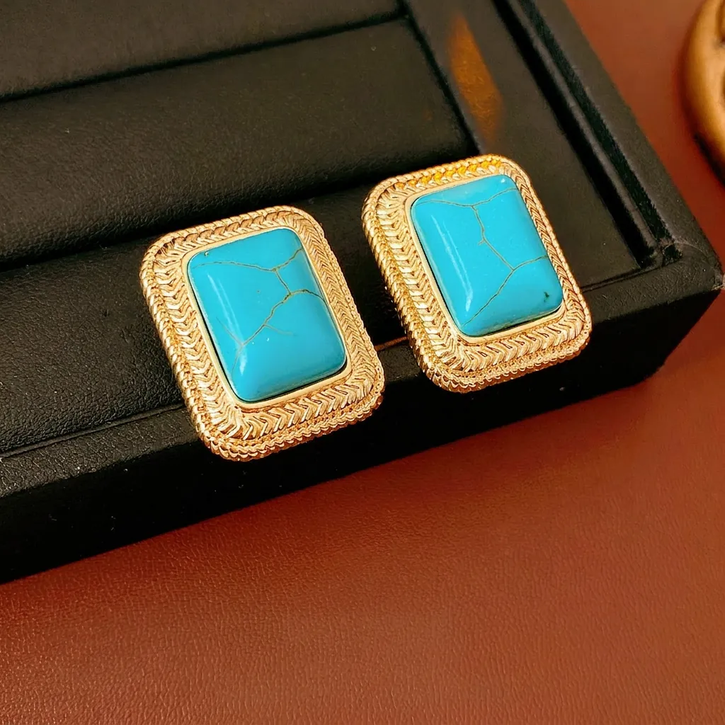 Orecchini A Lobo Rettangolari Vintage Con Pietra Turchese E Perno In Argento Lega Trama Intrecciata Stile Palazzo Per Donne