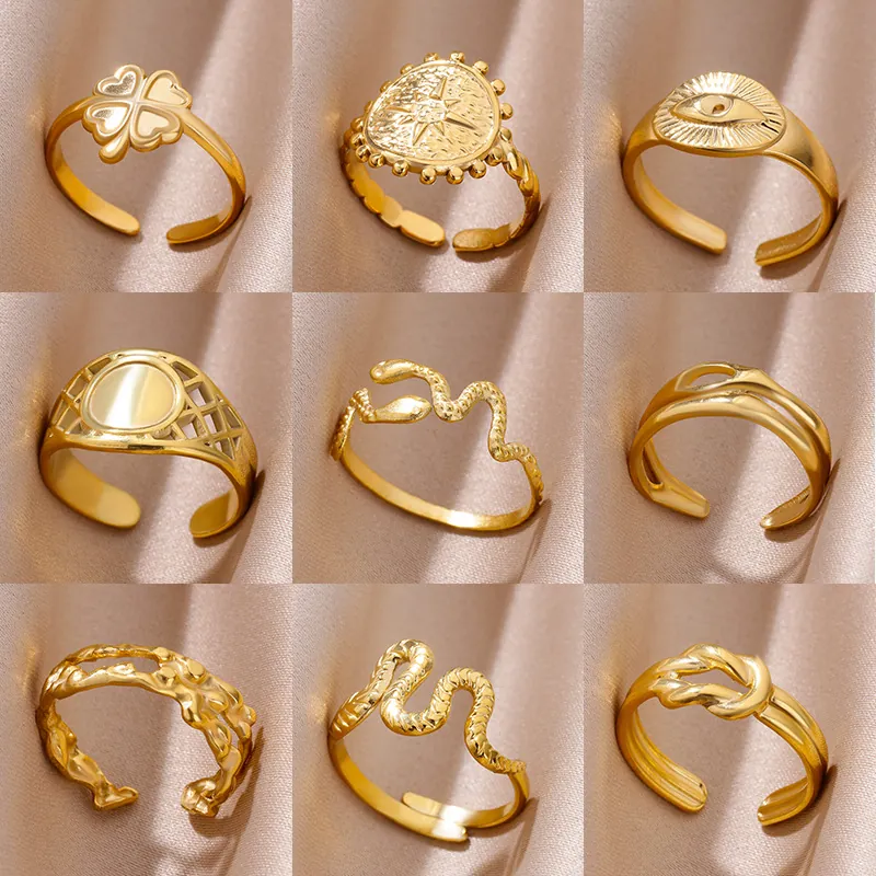 18K Gold Plated Stainless Steel Adjustable Open Rings For Women Bohemian Snake Four-Leaf Clover Evil Eye Sunburst Knot Lava Texture Vintage Jewelry