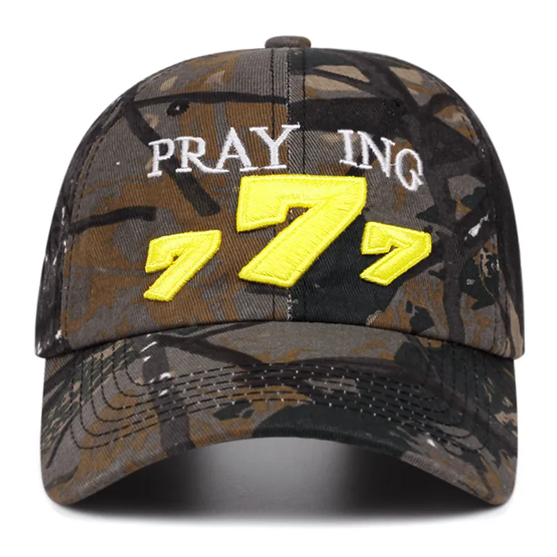 Cappello Da Baseball Camouflage Cotone Acrilico Ricamo 3D Praying 777 Protezione Solare Streetwear Regolabile Unisex