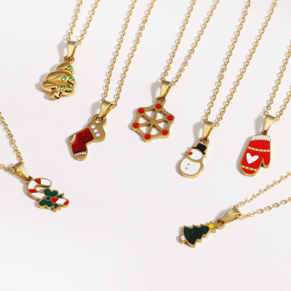 Weihnachtsanhänger Halskette Gold Vergoldetes Messing Emaille Schneemann Elch Weihnachtsbaum Festlicher Partyschmuck Für Damen