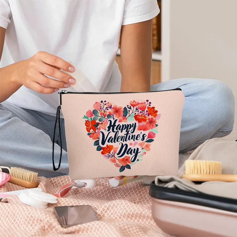 Floral Heart Printed Makeup Bag Fine Linen Valentine's Day Cosmetic Pouch With Zipper And Wrist Strap For Women
