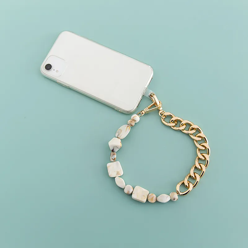 Acrylic Marble Resin Beads Phone Case Chain Strap Gold Alloy Splicing Bag Decoration Accessory Bohemian Chic Style