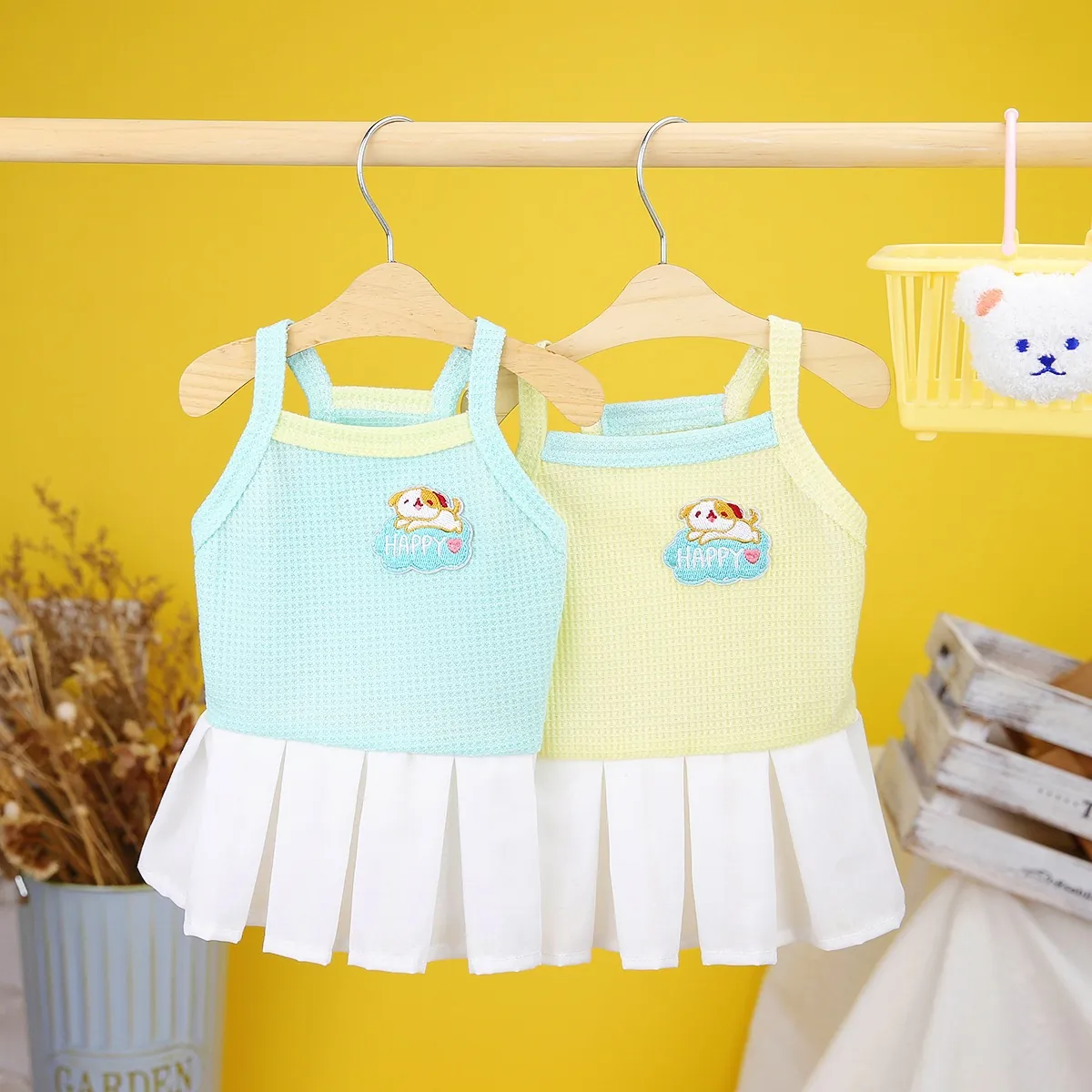 Pet Dog Dress Princess Style Puppy Cat Clothes Cotton Waffle Knit Pleated Skirt Summer Apparel Small Dogs