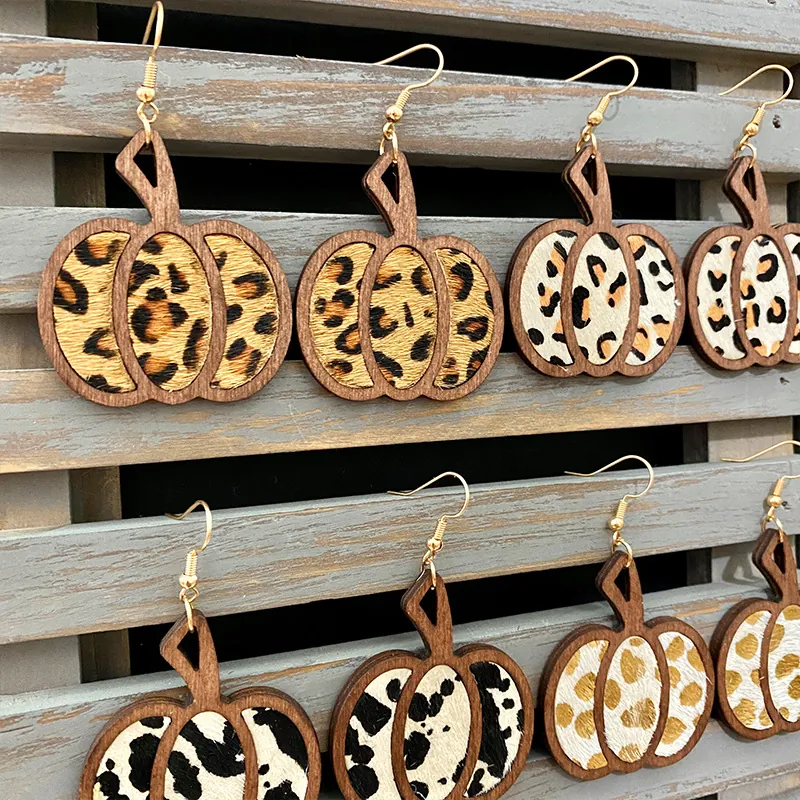 Kürbis Ohrhänger Mit Kupferhaken Holz Leder Leopardenmuster Kuhmuster Für Halloween Herbst Retro Schmuck Damen