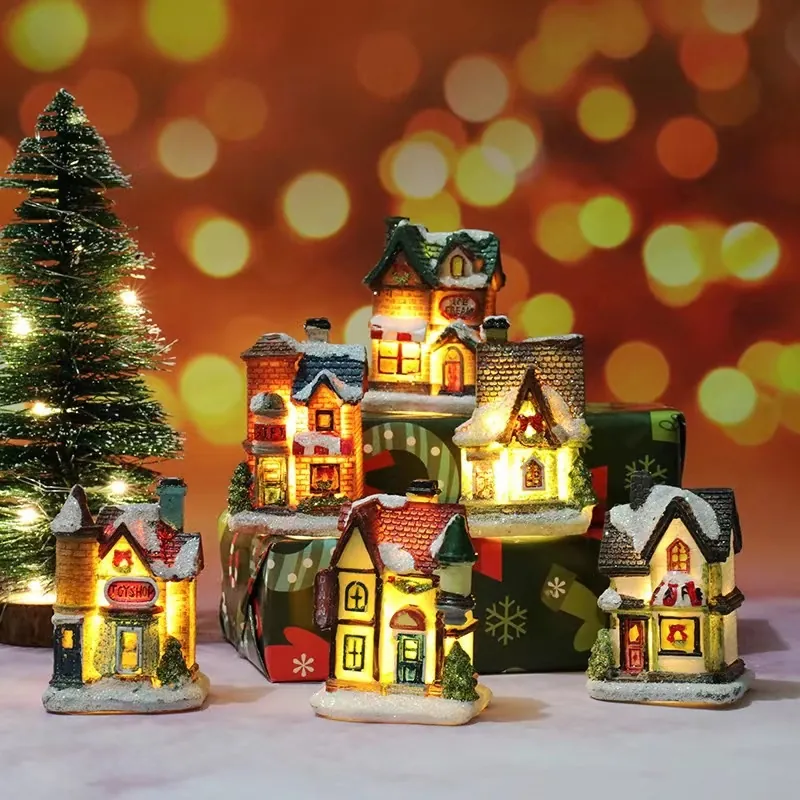 Christmas Luminous Resin House Ornaments LED Light Up Snow Covered Miniature Village Desktop Decorative Holiday Gifts