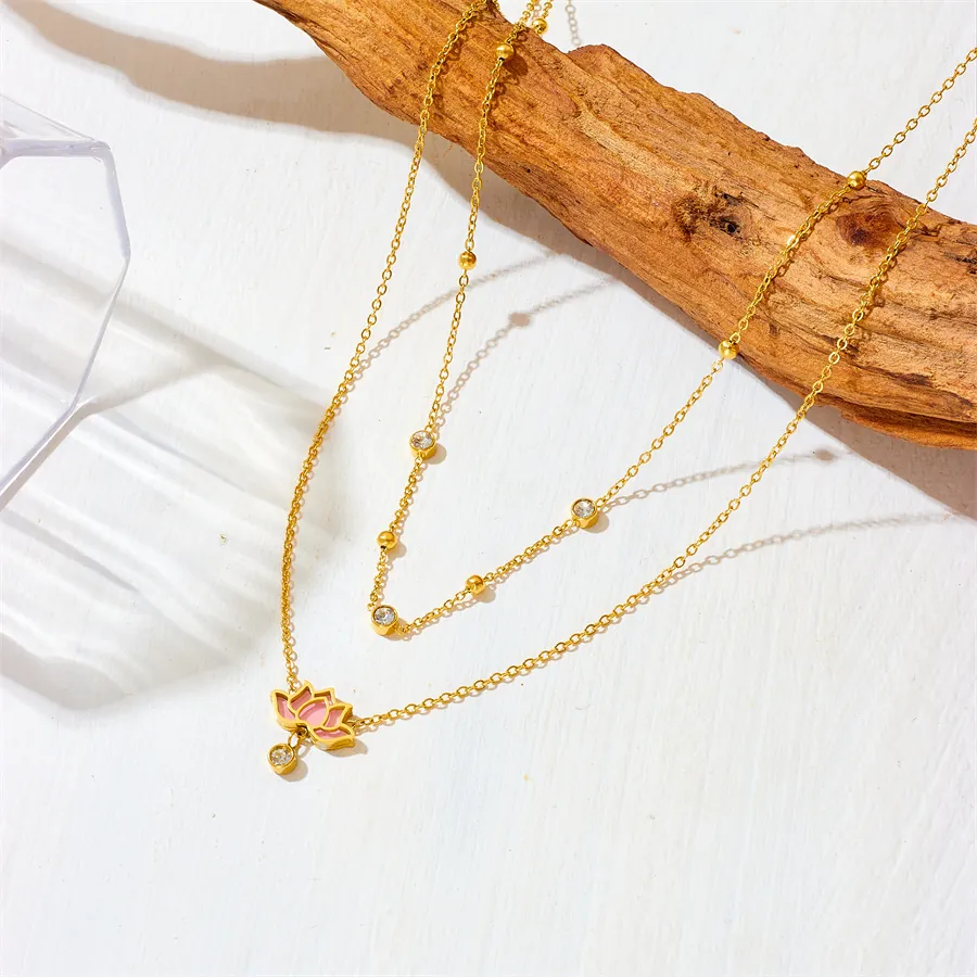 Double Layer Lotus Flower Pendant Necklace Stainless Steel Gold Plated Enamel Zircon Titanium Steel Women Jewelry