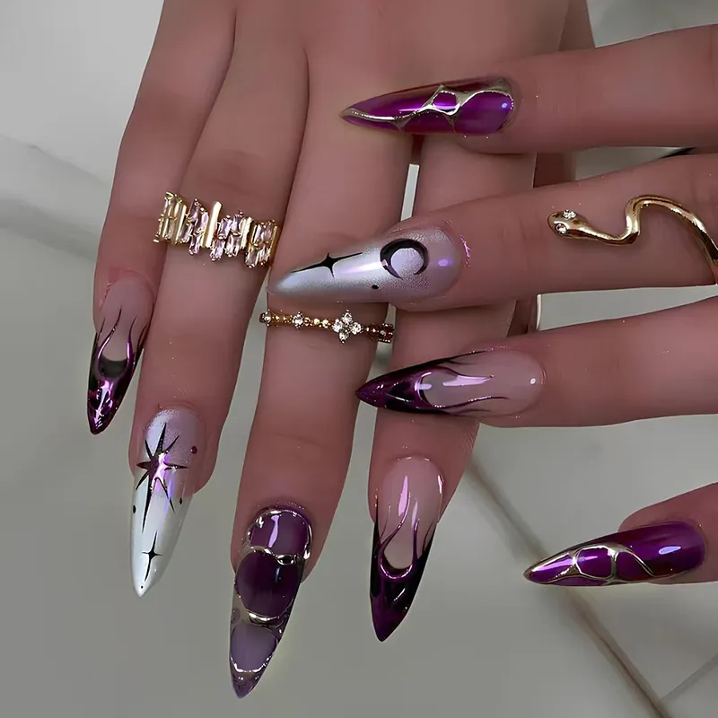 Purple Cat Eye Press On Nails Stiletto Shape Metallic Mirror Star Moon Flame Design Dark Cool Artificial Fingernails