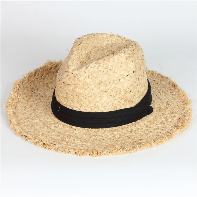 Chapeau Femme 100% Paille De Raphia Bord Effiloché Large Bord Été Plage Protection Solaire Panama Boater Ruban Noir