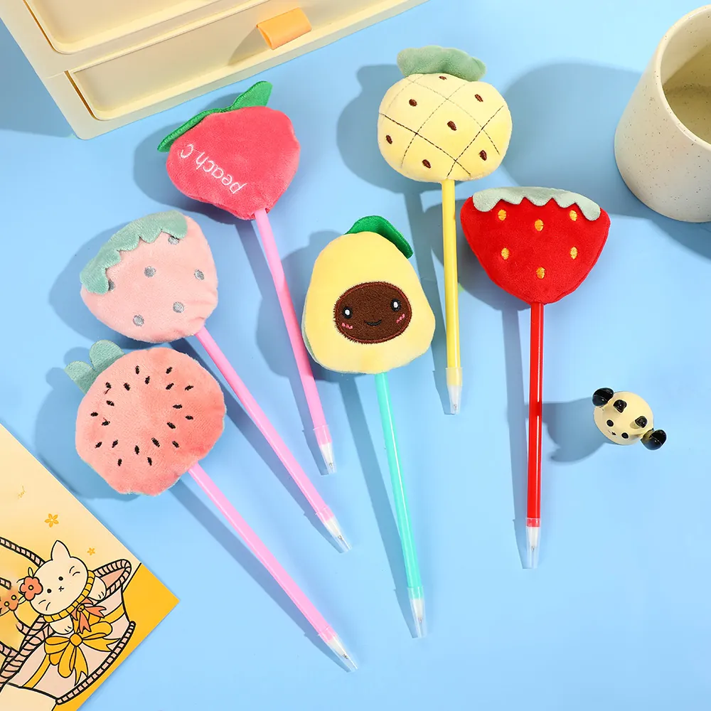 Cute Fruit Gel Pen Plush Strawberry Pineapple Topper Cartoon Stationery Writing Tool For Students Office School Novelty