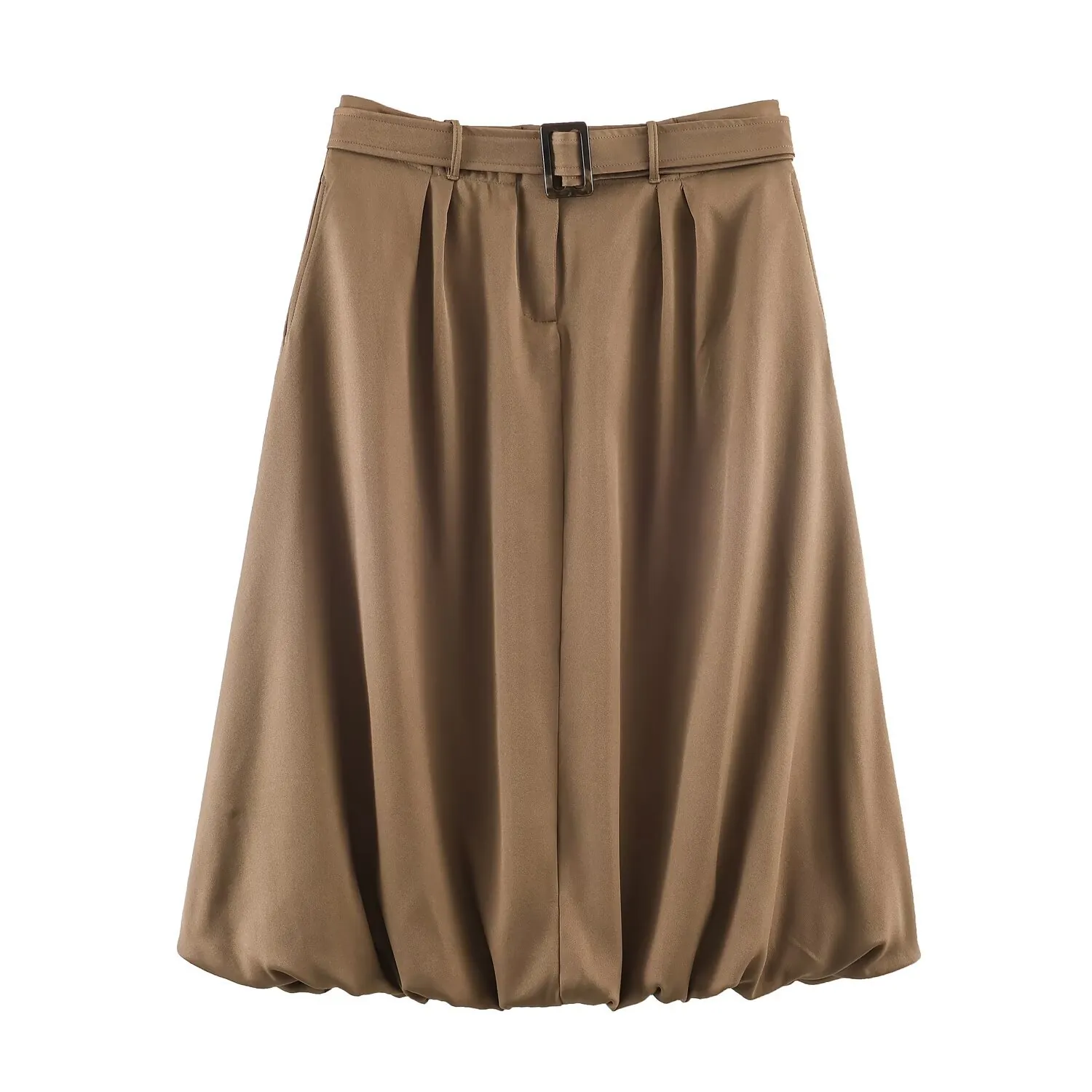 Fashion Balloon Midi Skirt With Belt For Women High Waist Pleated Solid Color Khaki Brown Casual Loose Elegant Skirt