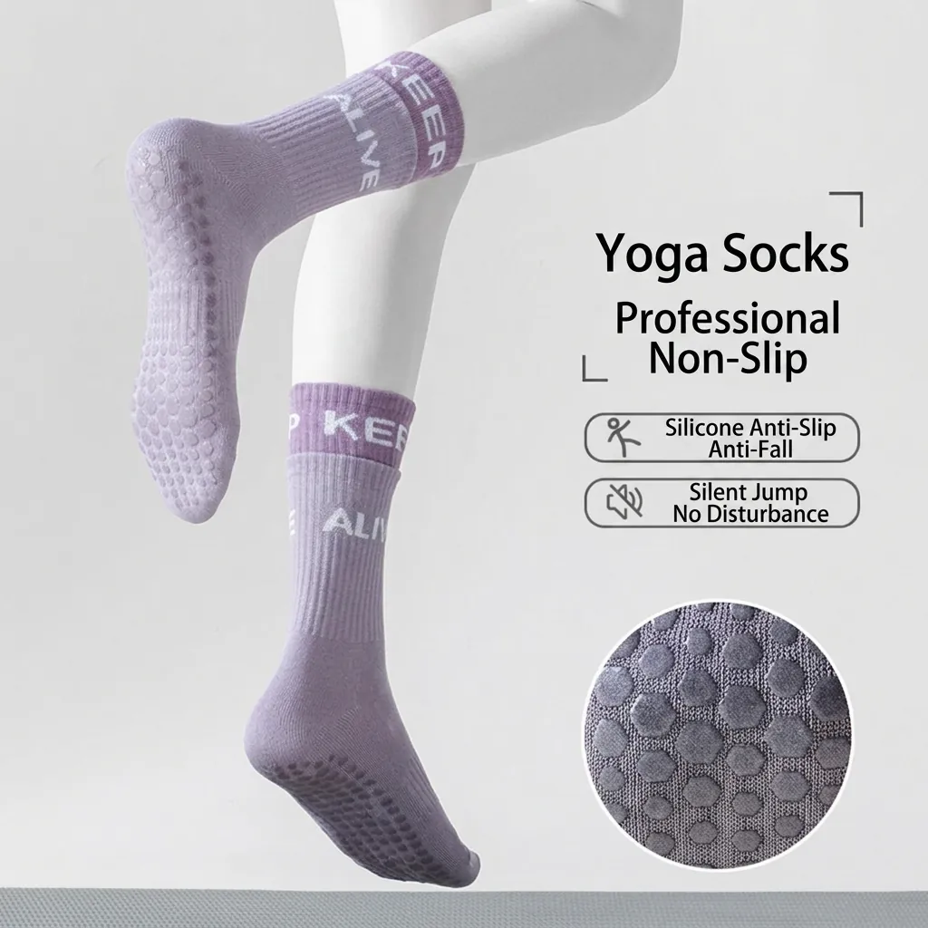 Women Non-slip Yoga Socks Mid-calf Pilates Dance Floor Socks With Silicone Grips Letter Pattern Sport Hosiery