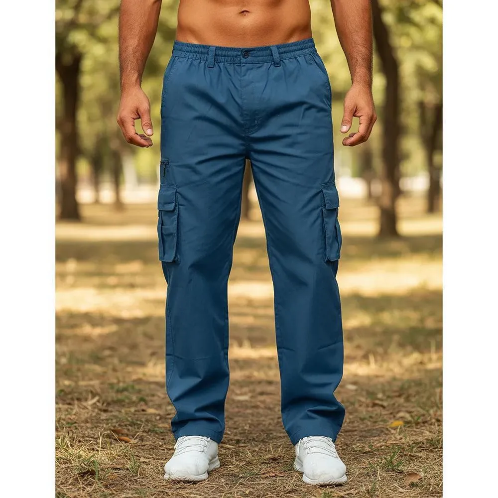 Men Cargo Pants Multi Pocket Loose Straight Leg Casual Outdoor Workwear Trousers Durable Polyester