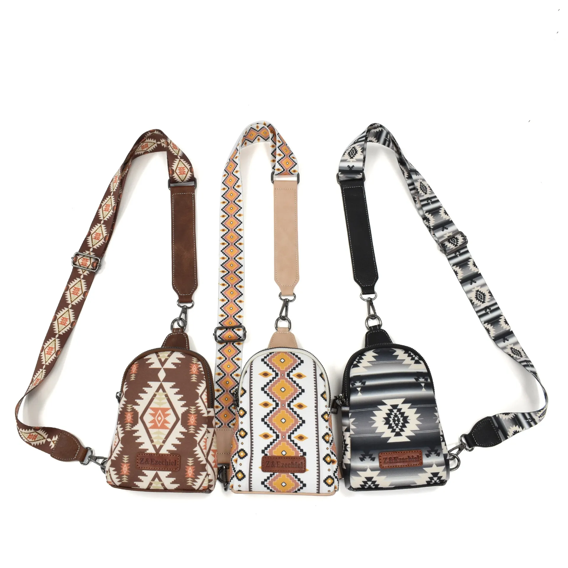 Bohemian Ethnic Crossbody Bag Vintage Aztec Geometric Canvas PU Chest Sling Bag Adjustable Wide Strap For Women Travel