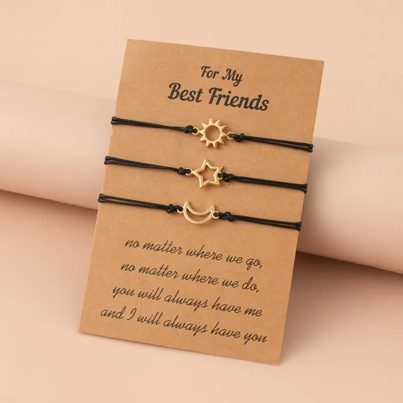 Vintage Alloy Sun Moon Star Friendship Bracelets For Best Friends Adjustable Wax Rope Couple Card Bracelets Jewelry Gift