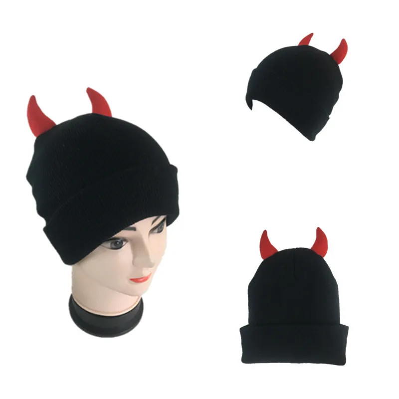 Funny Devil Horn Knitted Beanie Hat For Women Men Winter Warm Acrylic Crochet Ox Horn Beanie Hip Hop Streetwear Headwear