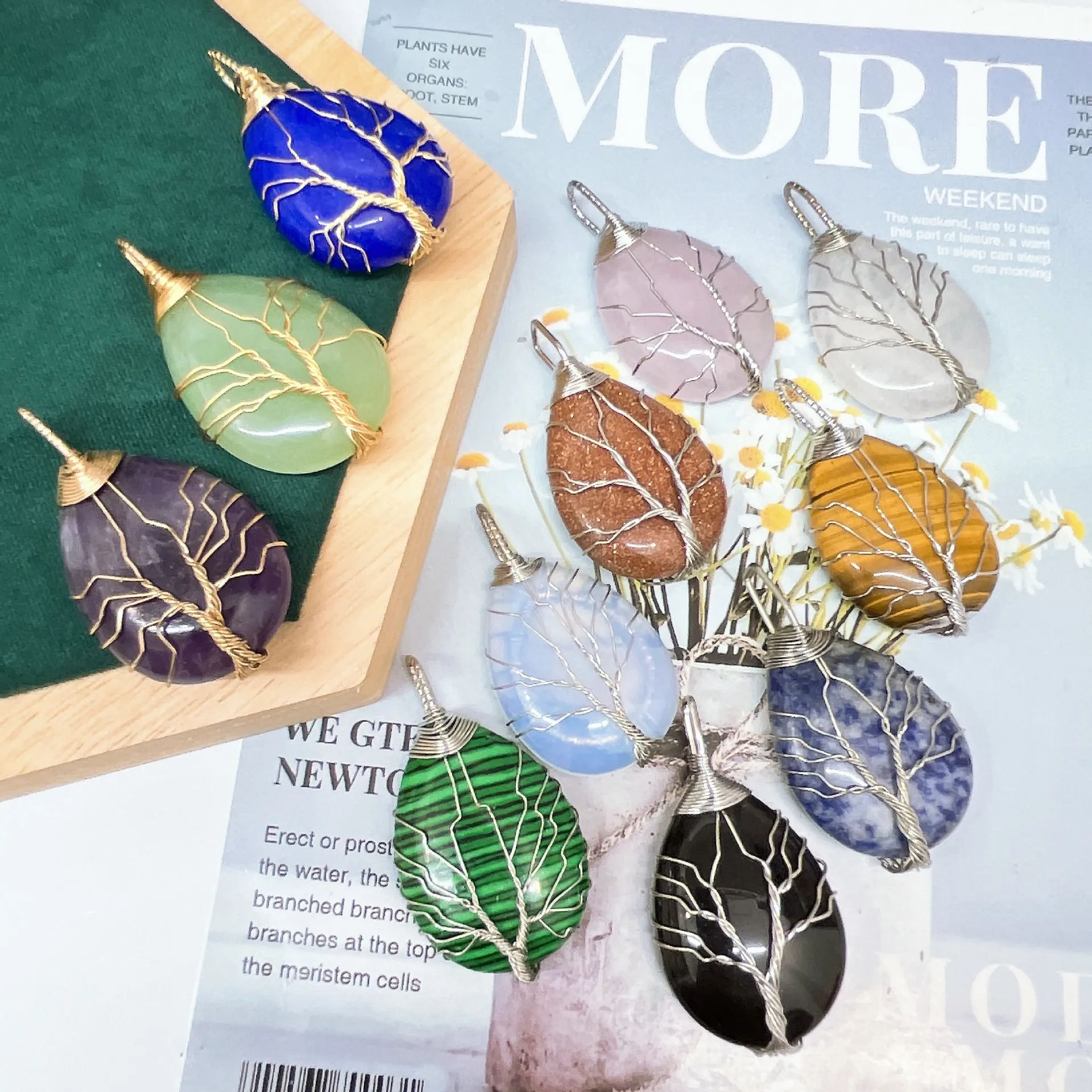Tree Of Life Wire Wrapped Teardrop Natural Stone Pendant Necklace Handmade Copper Crystal Energy Jewelry For Women Men