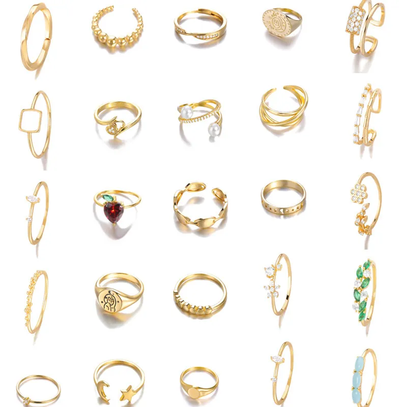 Adjustable Copper Ring Gold Plated Zirconia Fashion Jewelry Women Minimalist Fruit Celestial Geometric Design