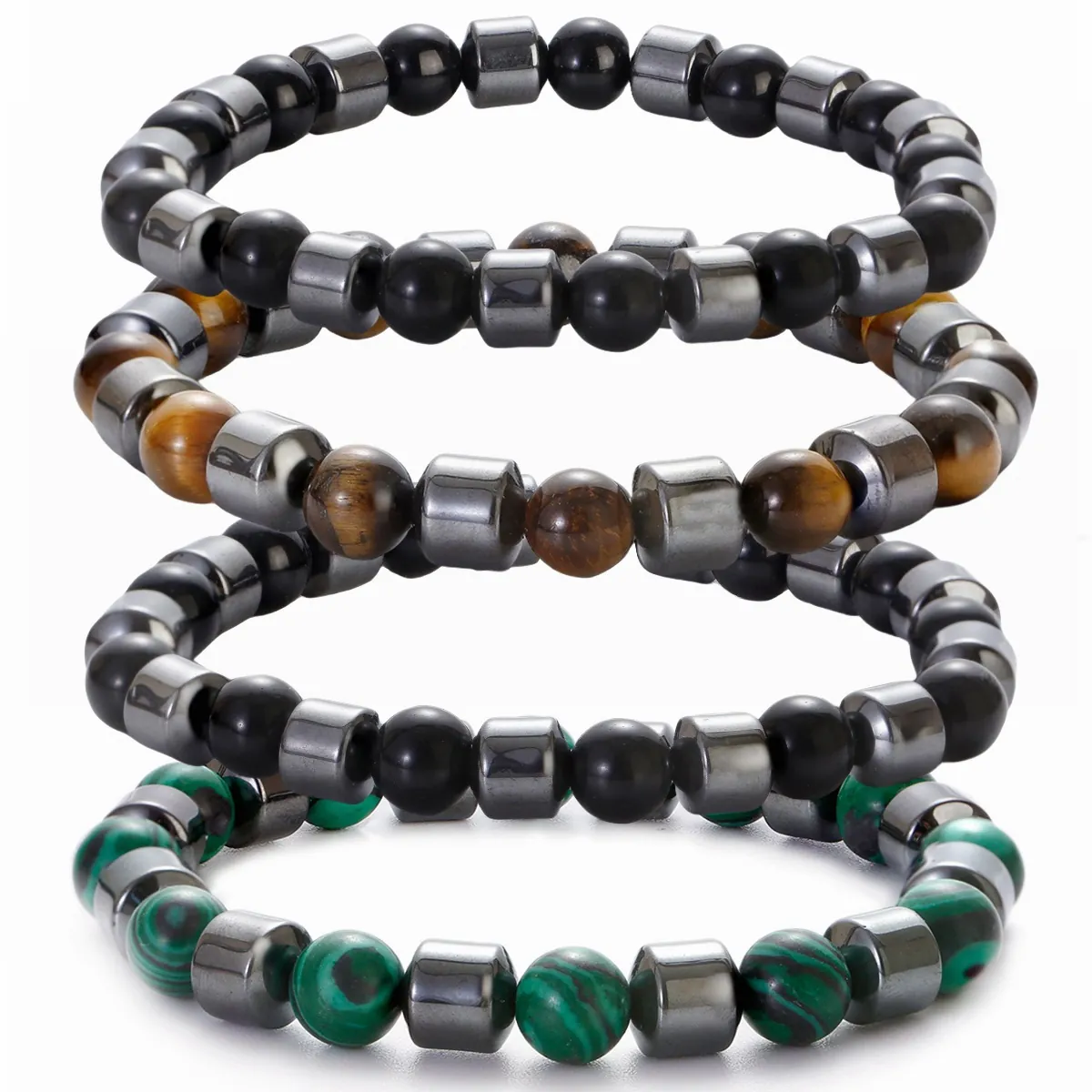 Natural Stone Beaded Bracelet Tiger Eye Lava Rock Hematite Malachite Jasper Elastic Strand Fashion Jewelry Men