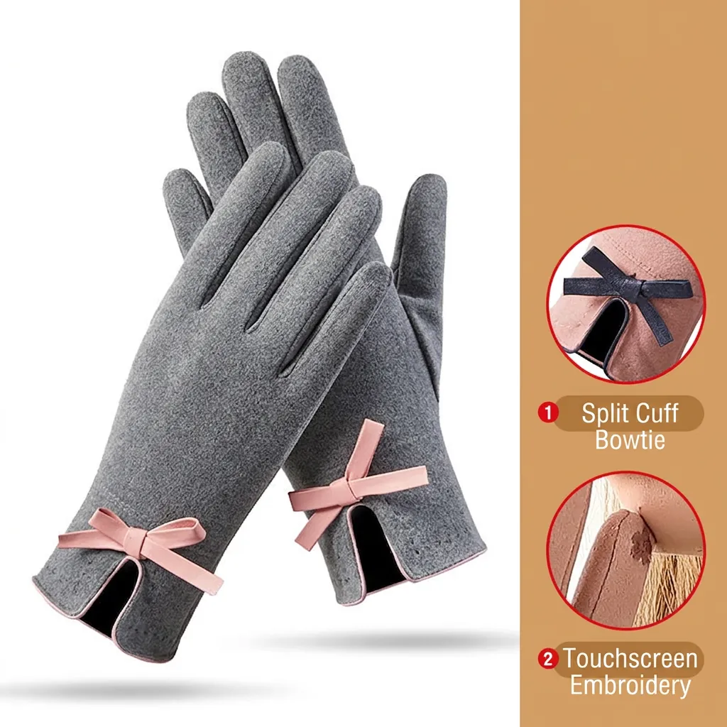 Gants Thermiques D'hiver Pour Femmes Tissu Dralon Décoration De Noeud Papillon Écran Tactile Pour Cyclisme Conduite Chaud Doublé Polaire