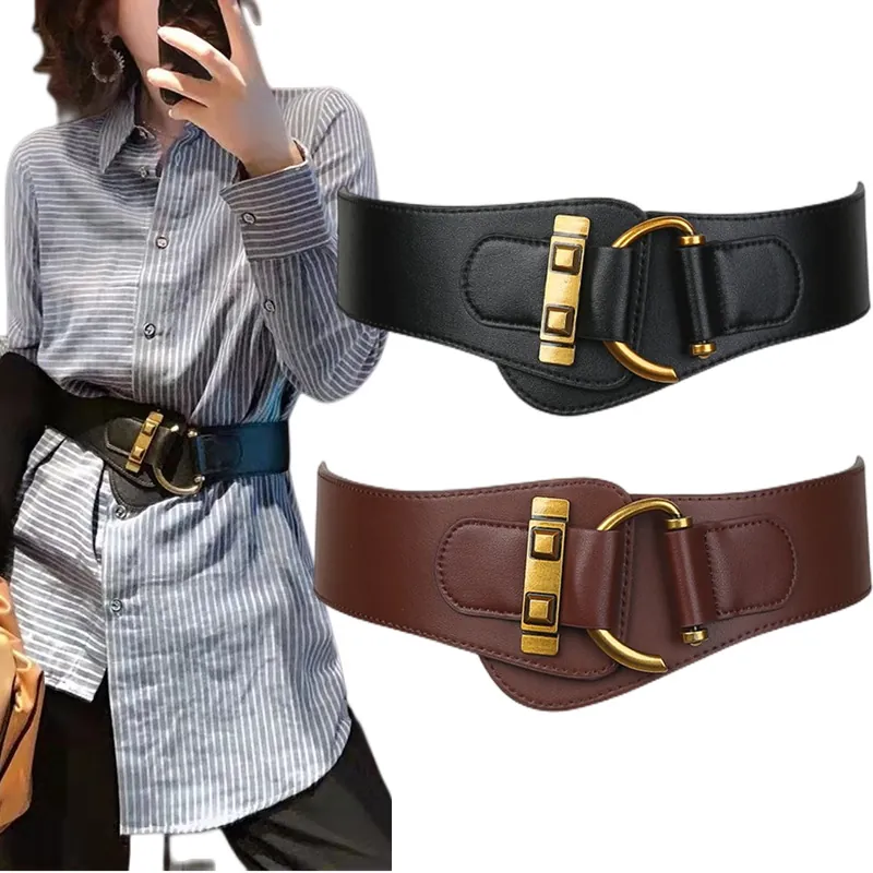 Women Wide Waist Belt Faux Leather Elastic Stretchy Gold D-Ring Metal Buckle Vintage Versatile Fashion Accessory