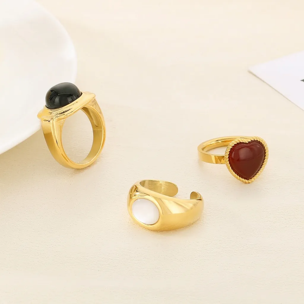 Anello In Acciaio Inossidabile Vintage Cuore Pietra Di Pino Rossa Agata Nera Madreperla Ovale Gioielli Geometrici Donna