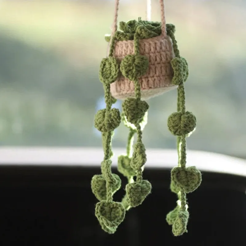 Handmade Crochet Knitted Plant Hanging Ornament For Car Rearview Mirror Home Decor Yarn Potted Heart Leaves Flower