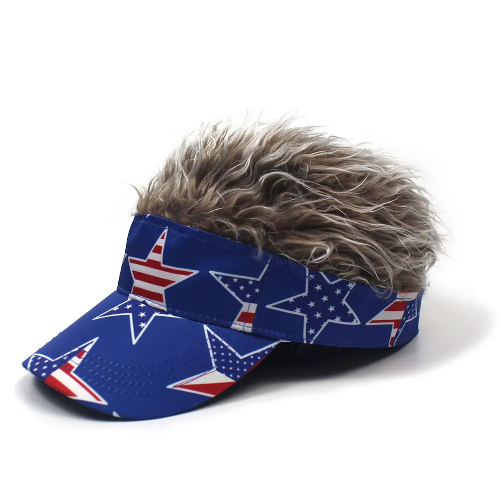 Novelty Visor Hat With Fake Wig Hair US Flag Stars Stripes Print Sun Cap For Men Women Fun Hip Hop Party Costume