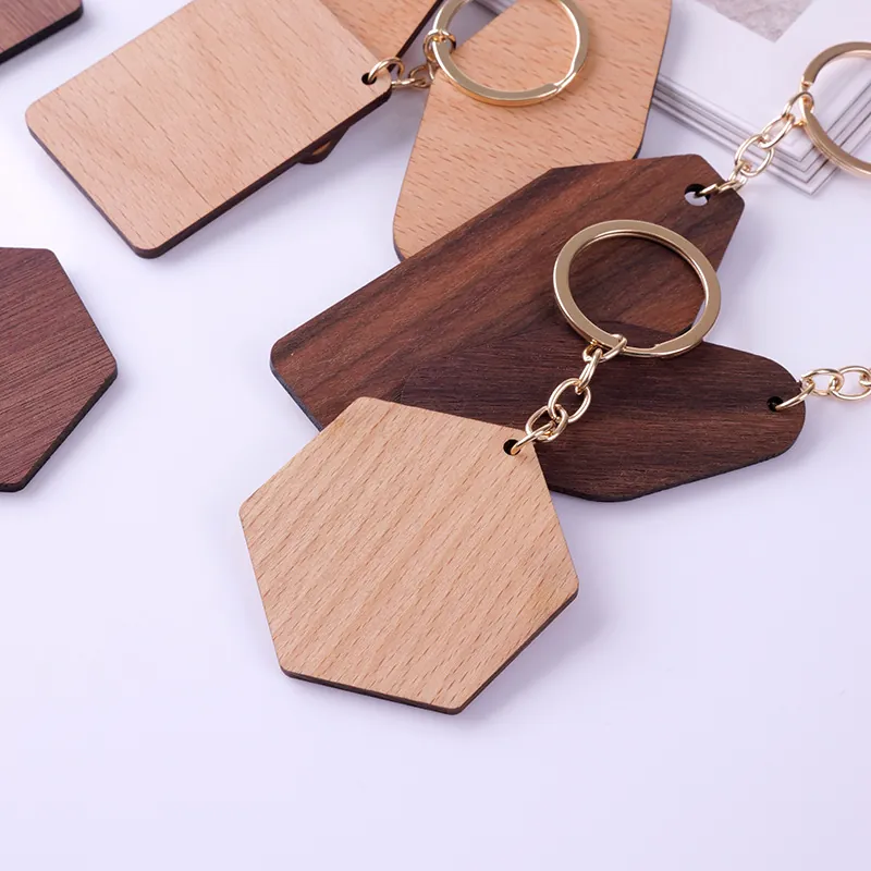 Geometric Wood Keychain Walnut Beech Wooden Keyring For Home Hotel Car Key Minimalist Natural Texture Ornament