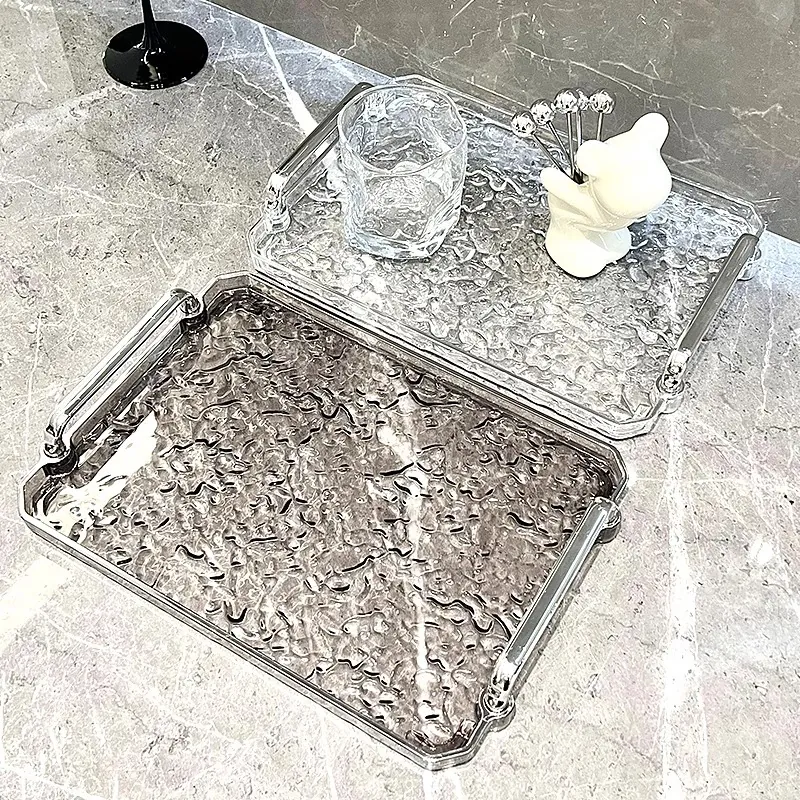 Rectangular Serving Tray With Water Ripple Texture Plastic Decorative Plate With Silver Handles For Living Room Coffee Table
