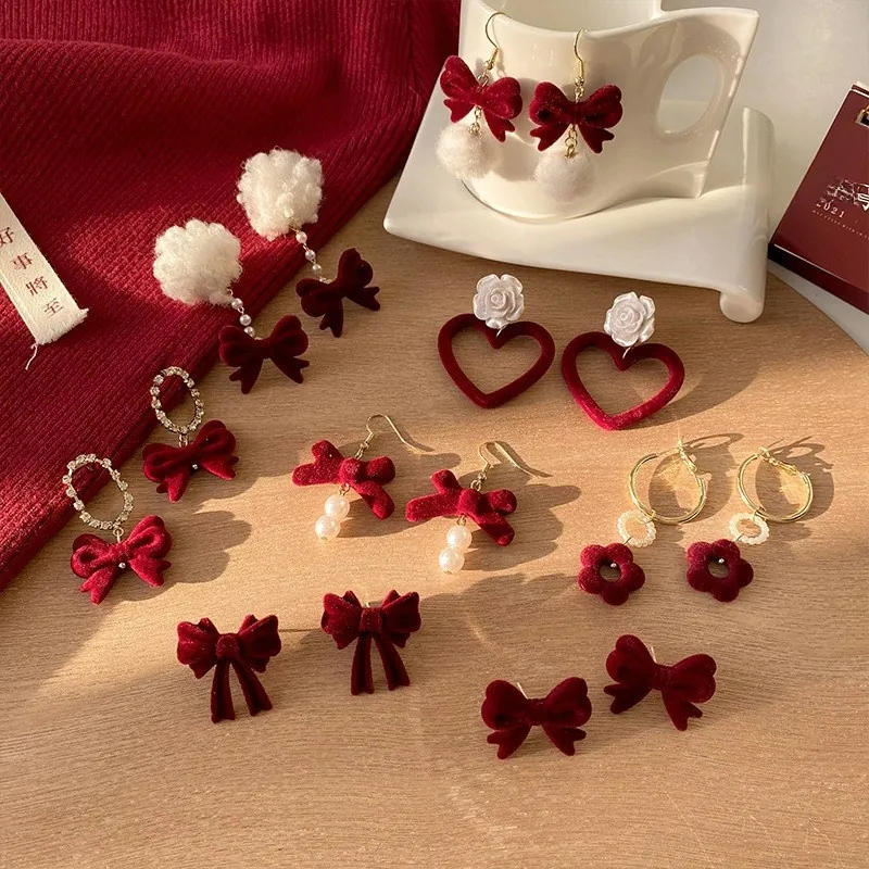 Boucles D'oreilles Puces Noeud Rose En Velours Rouge Avec Tige En Argent Élégant Français Rétro Bijoux Automne Hiver Femmes