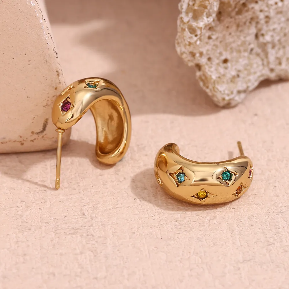 Vintage Stainless Steel Gold Plated C Shaped Hoop Earrings For Women Multi Color Rhinestone Star Moon Inlay Fashion Jewelry