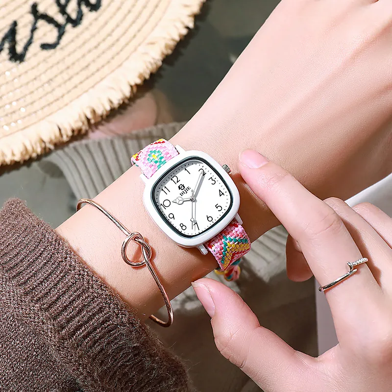 Women Square Quartz Watch Bohemia Woven Strap Fabric Wristwatch Minimalist Digital Dial Fashion Watch For Students Girls