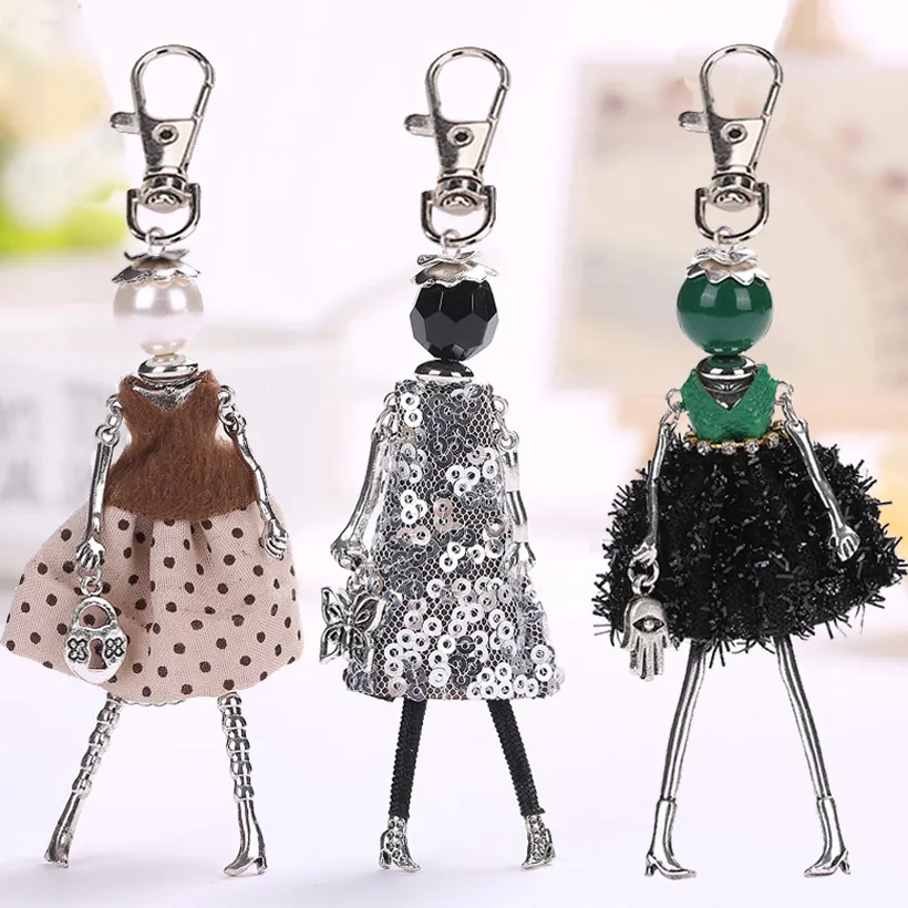 Fashion Doll Keychain Bag Charm Alloy Imitation Artificial Pearl Rhinestone Fabric Handmade Elegant Cartoon Figure For Women Girls
