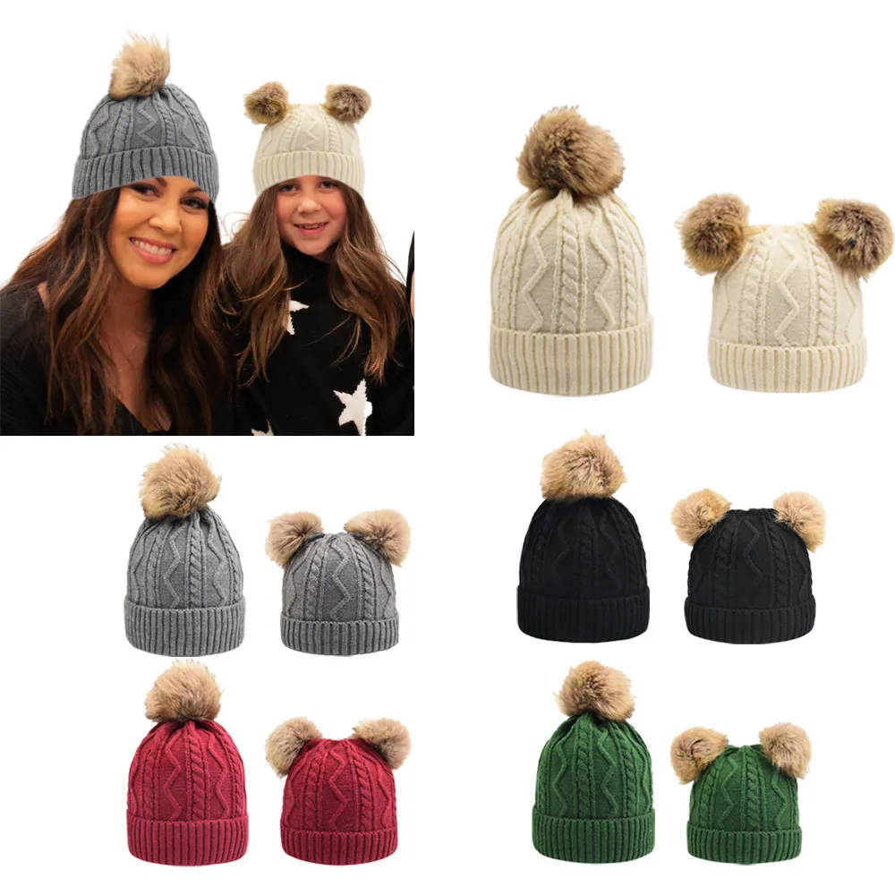 Winter Cable Knit Beanie Hat Thick Warm Acrylic Detachable Faux Fur Pom Pom For Women And Kids Parent Child Matching