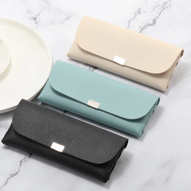 Portable PVC Leather Glasses Case Litchi Texture Sunglasses Pouch With Snap Button Soft Protective Bag For Men Women