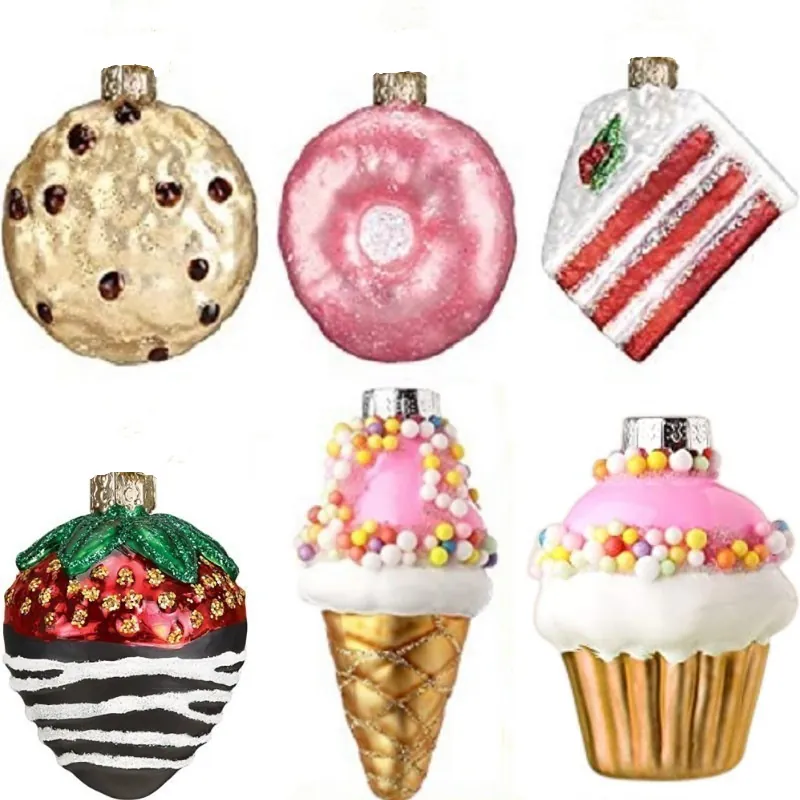 Christmas Tree Hanging Ornaments Glass Dessert Food Shapes Cake Strawberry Donut Cupcake Glitter Holiday Party Decor