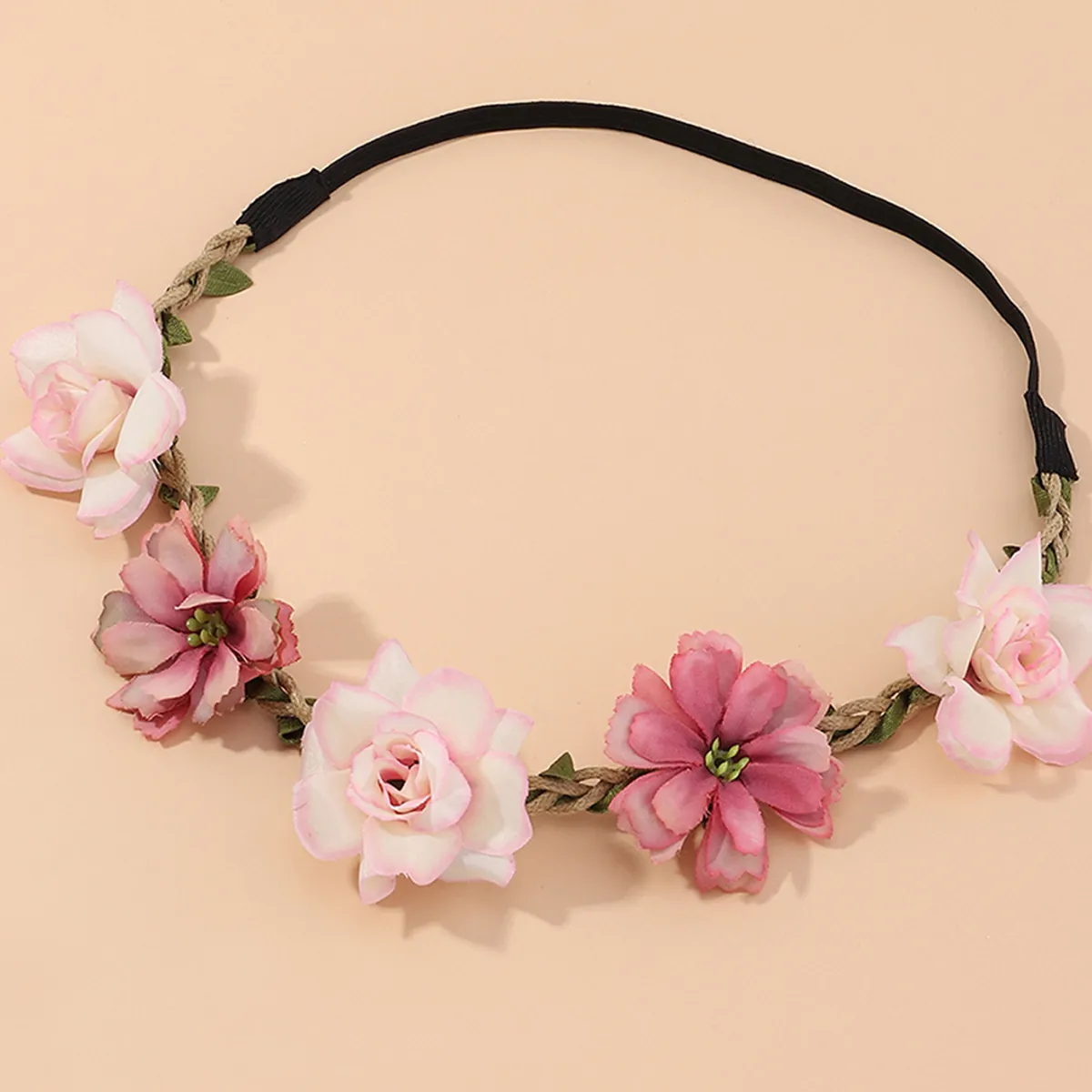 Floral Kids Headband With Fabric Flowers Braided Twine And Elastic Band Bohemian Style For Wedding Party Photo Shoot