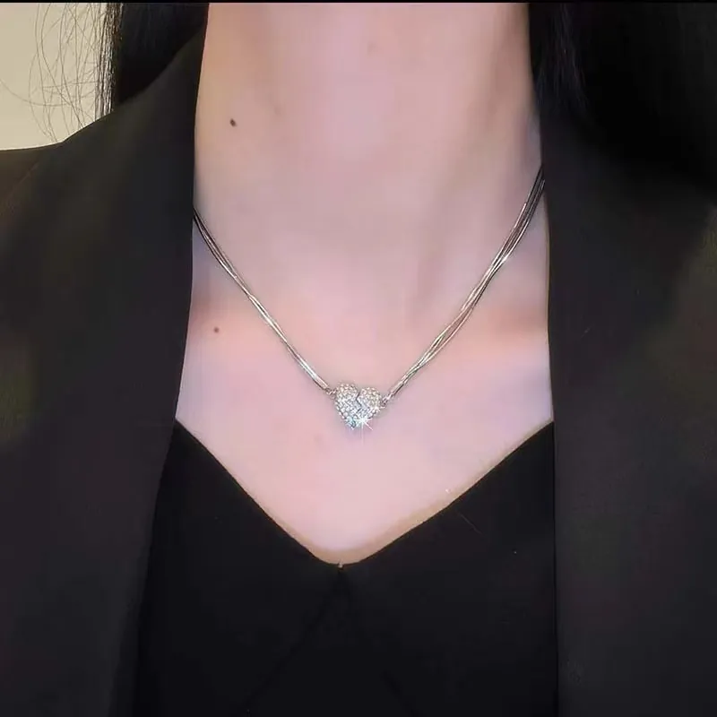 Heart Pendant Necklace Copper Magnetic Layered Snake Chain Rhinestone Niche Design Clavicle Jewelry For Women