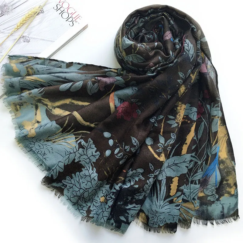 Women Scarf Shawl Viscose Fiber Floral Bird Print Satin Vintage Style Lightweight Sunshade Wraps With Fringes