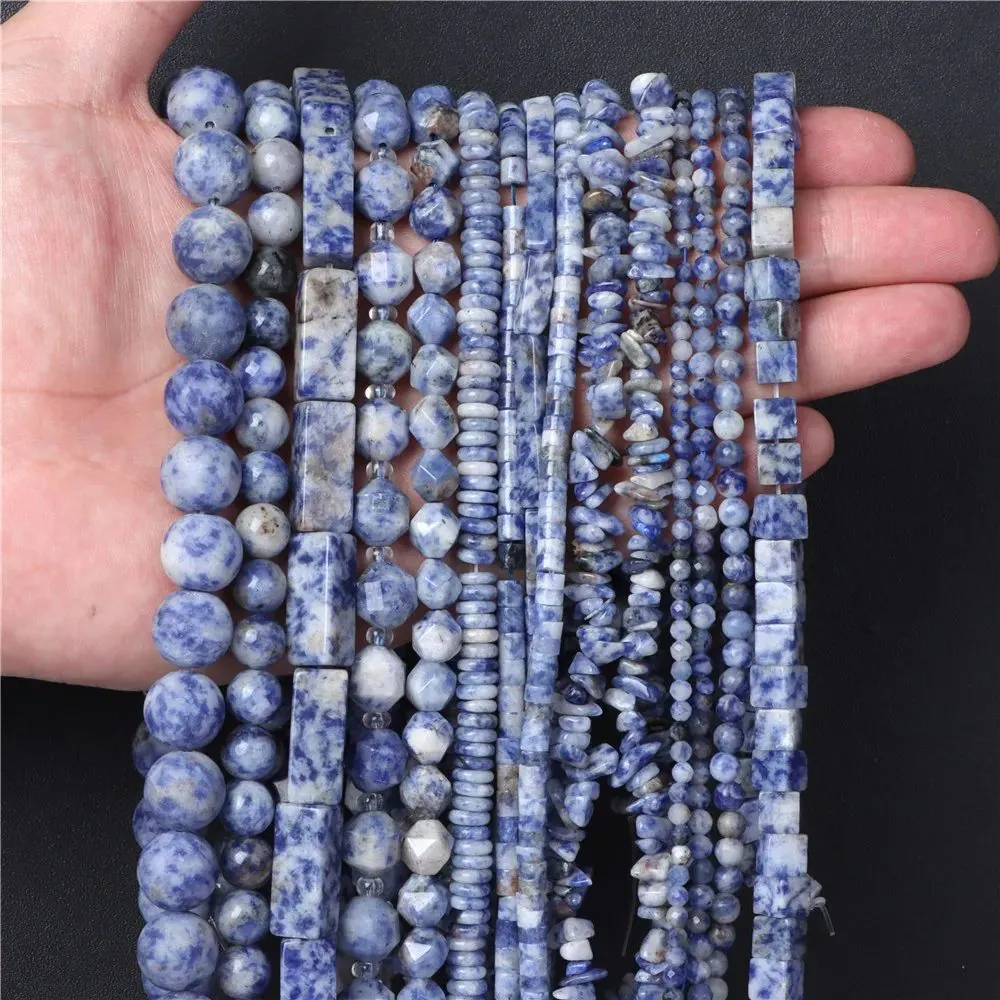 Natural Blue Spotted Stone Beads Loose Spacer Round Square Faceted Shapes For DIY Jewelry Making Bracelet Necklace Handcrafted