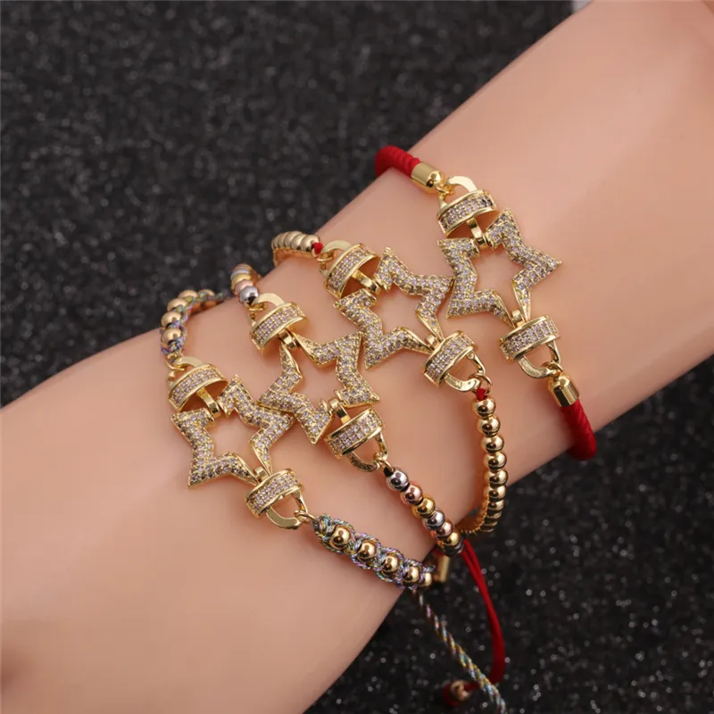Kupfer Stern Armband Mit Mikro Pave Zirkon Verstellbares Geflochtenes Seil Böhmischer Ethno Stil Für Frauen