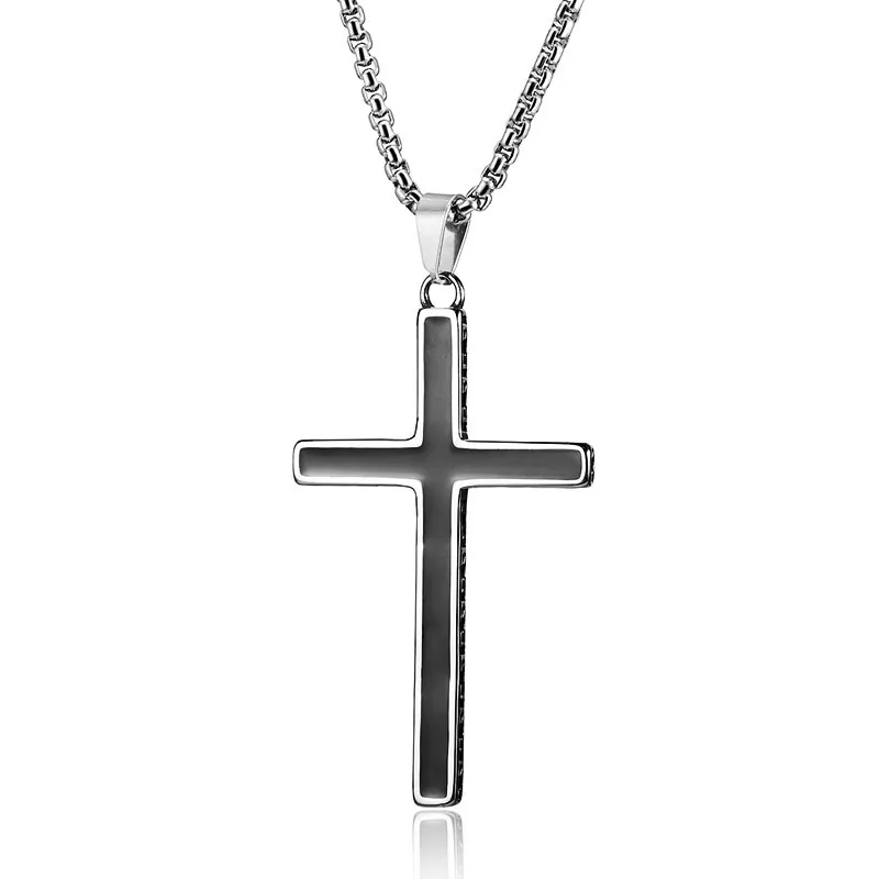 Cross Pendant Necklace Stainless Steel Black Enamel Inlay Silver Tone Religious Punk Jewelry For Men