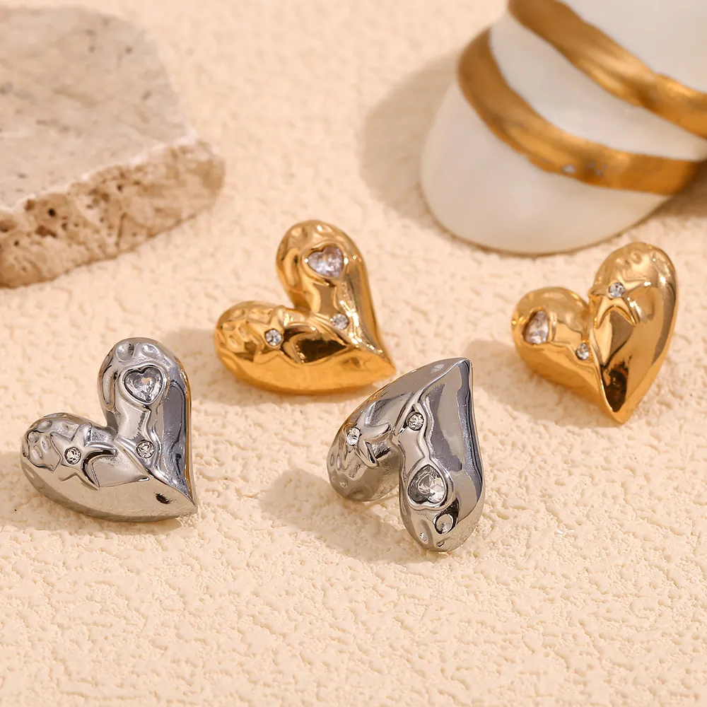 Heart Stud Earrings Stainless Steel 18K Gold Plated Zircon Star Engraved Fashion Trendy Elegant Jewelry For Women