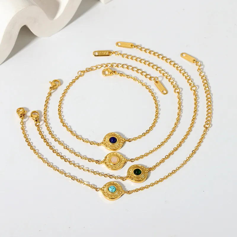 Bracelet En Acier Inoxydable Rétro Pour Femmes Plaqué Or Pendentif Soleil Rond Serti De Pierres Précieuses Bijoux Bohèmes
