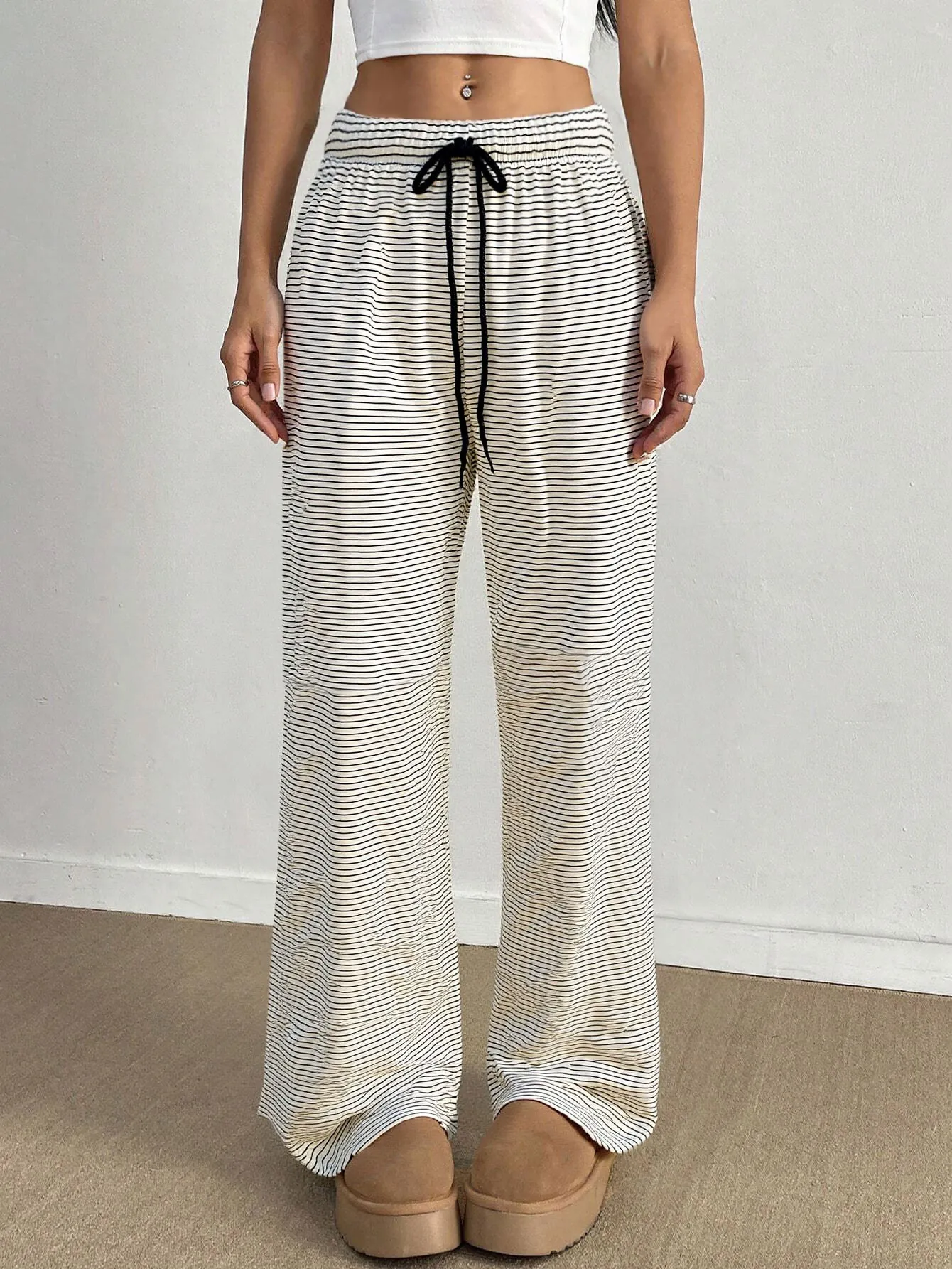 Women Striped Wide Leg Pants High Waist Drawstring Polyester Spandex Casual Loose Lounge Trousers Home Stripes Print